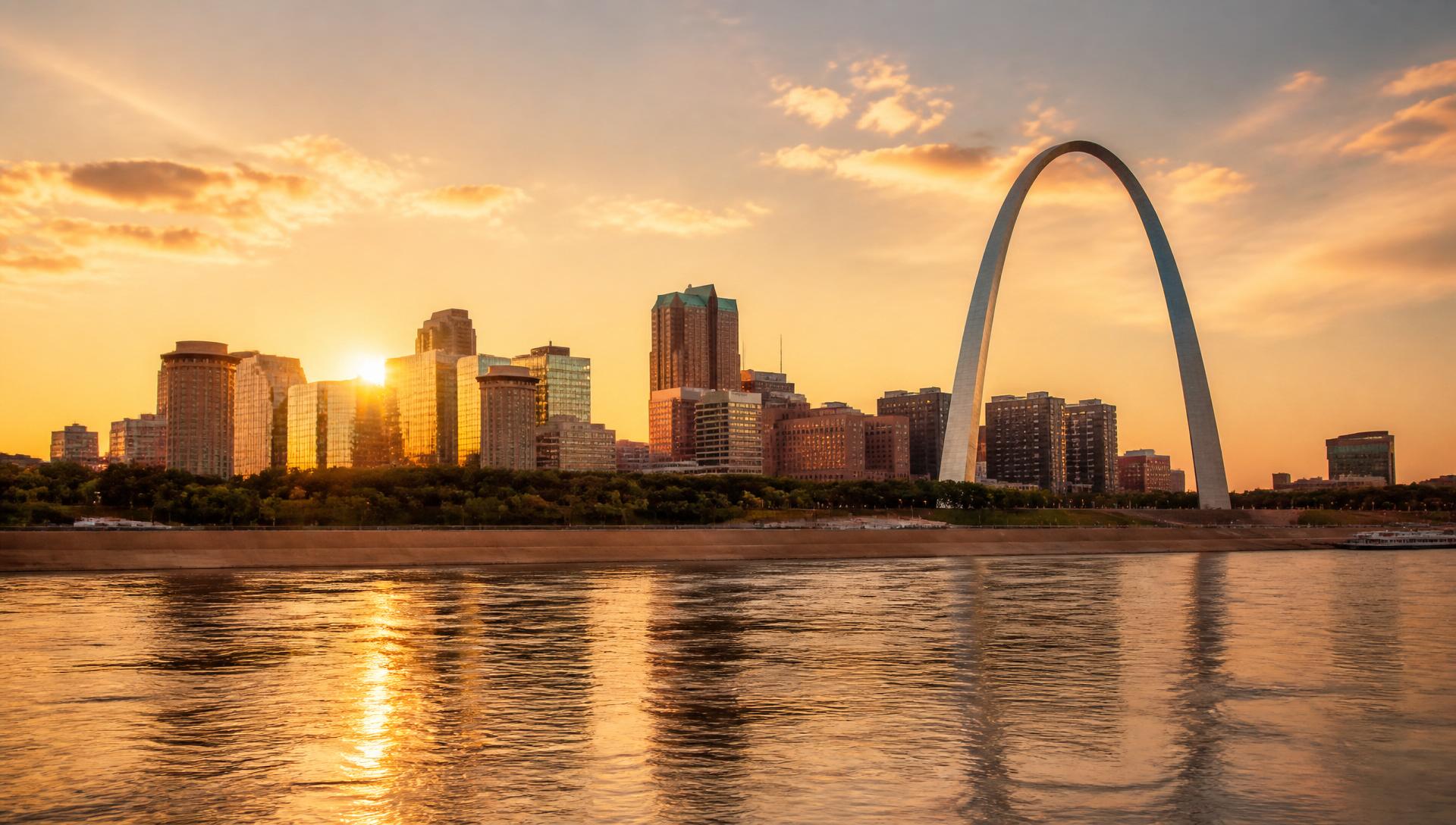 St. Louis skyline with the Gateway Arch at golden hour