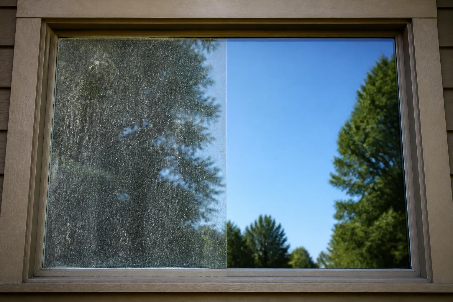 Same residential window shown half dirty and half professionally cleaned